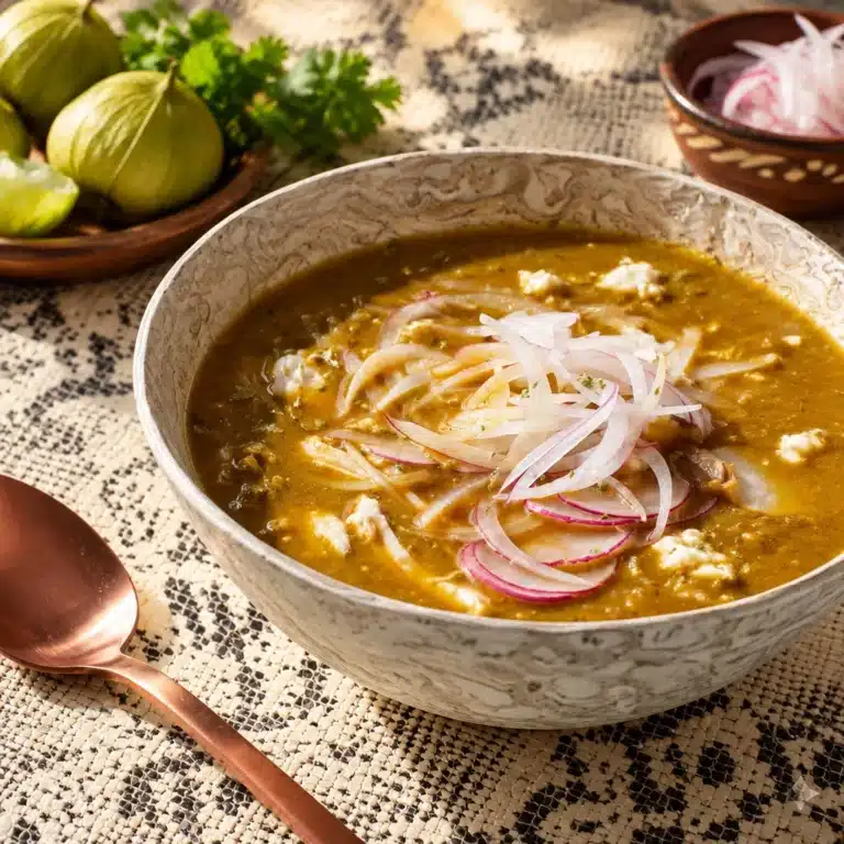 Delicious bowl of 25-Minutes Tomatillo Soup garnished with fresh herbs.