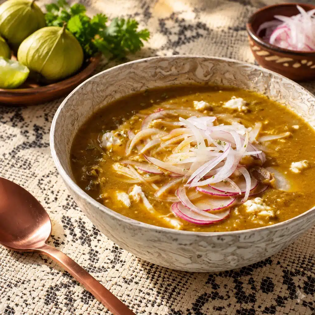 Delicious bowl of 25-Minutes Tomatillo Soup garnished with fresh herbs.