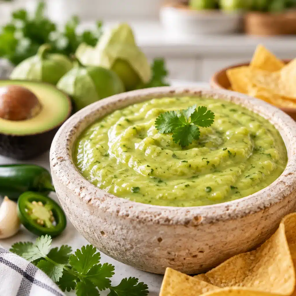 Creamy Tomatillo Avocado Salsa Verde Recipe Creamy Tomatillo Avocado Salsa Verde served with tortilla chips