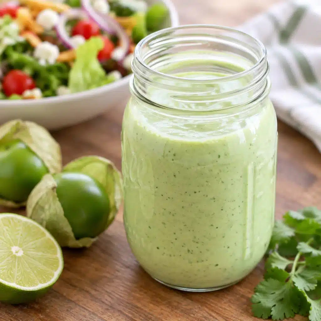 Creamy Tomatillo Dressing served with salads and tacos, inspired by Cafe Rio's recipe.