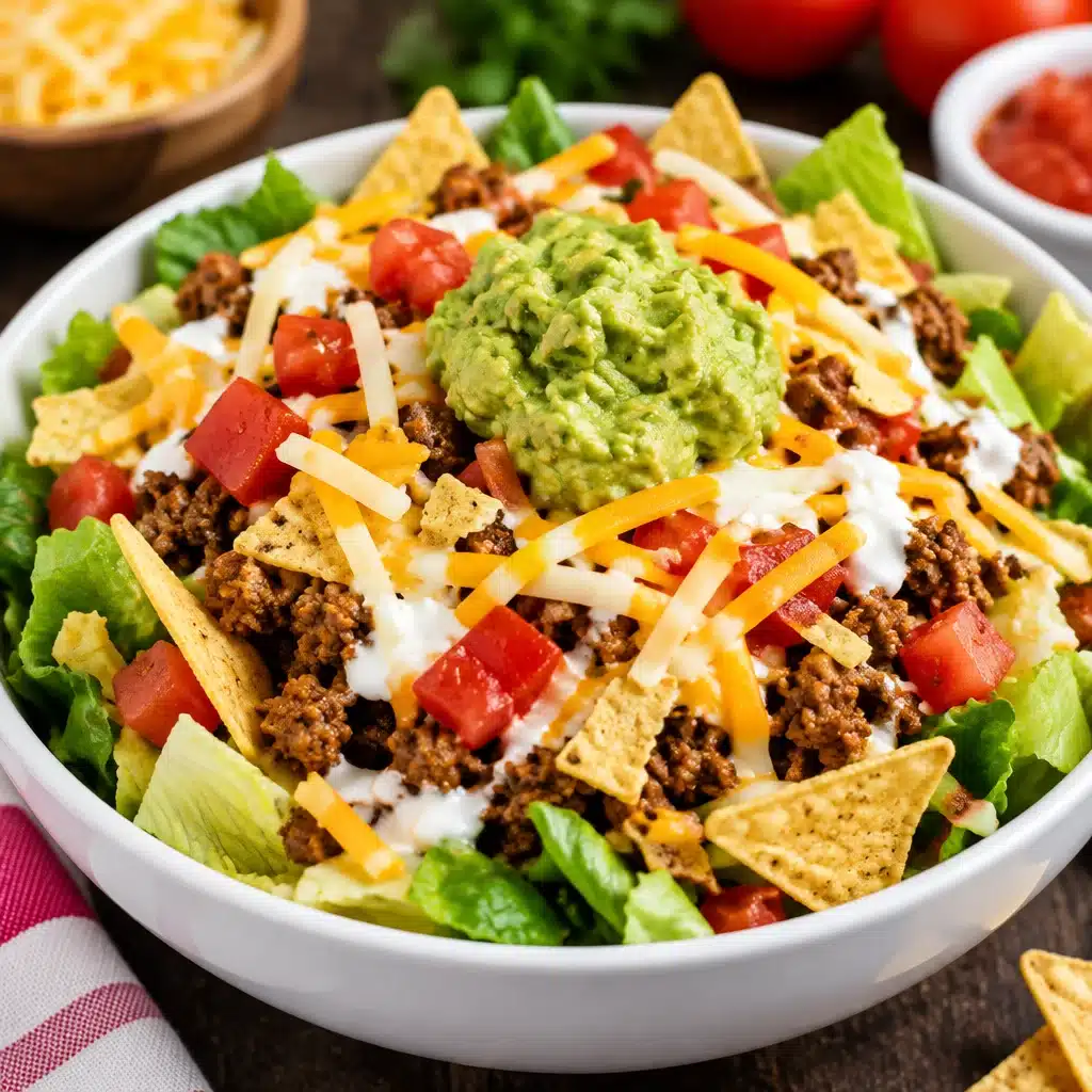 Bowl of easy healthy taco salad with ground beef, fresh veggies, and toppings.