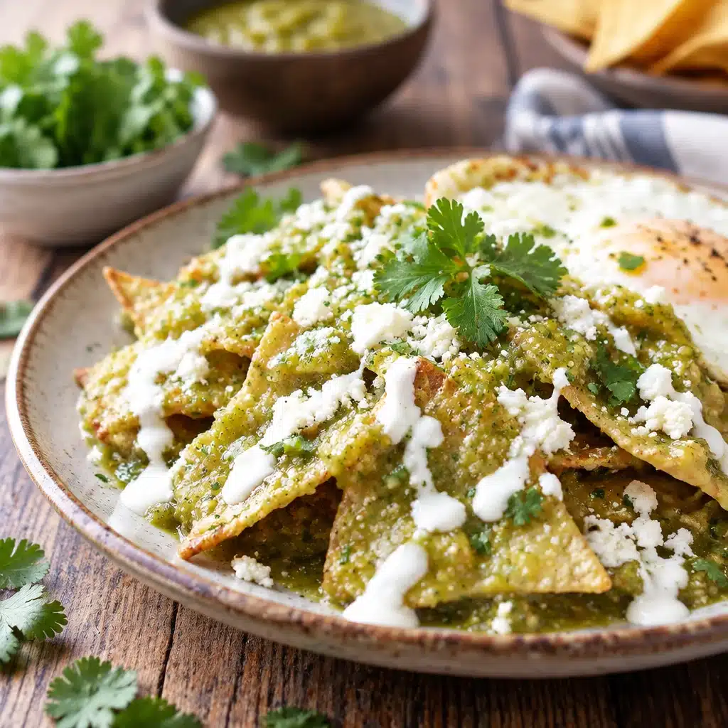 Baked Green Breakfast Chilaquiles Casserole topped with cheese and eggs
