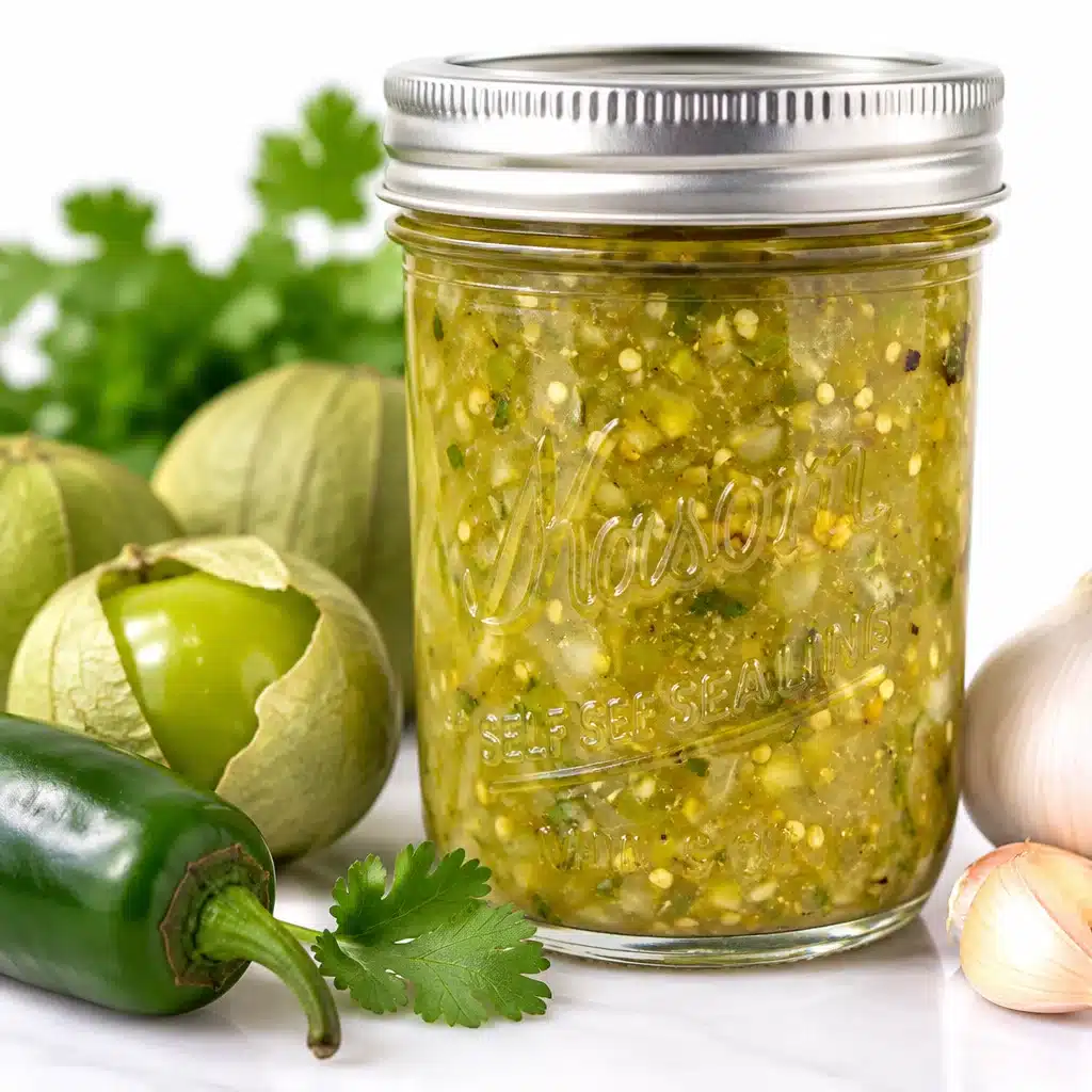 Canned tomatillo salsa verde in glass jars ready to be enjoyed.