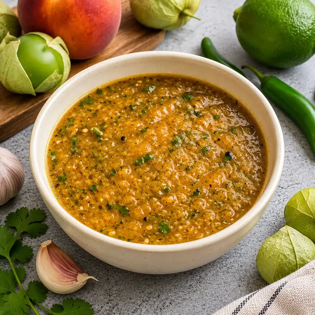 Fresh Peach Tomatillo Salsa with peaches and tomatillos in a bowl