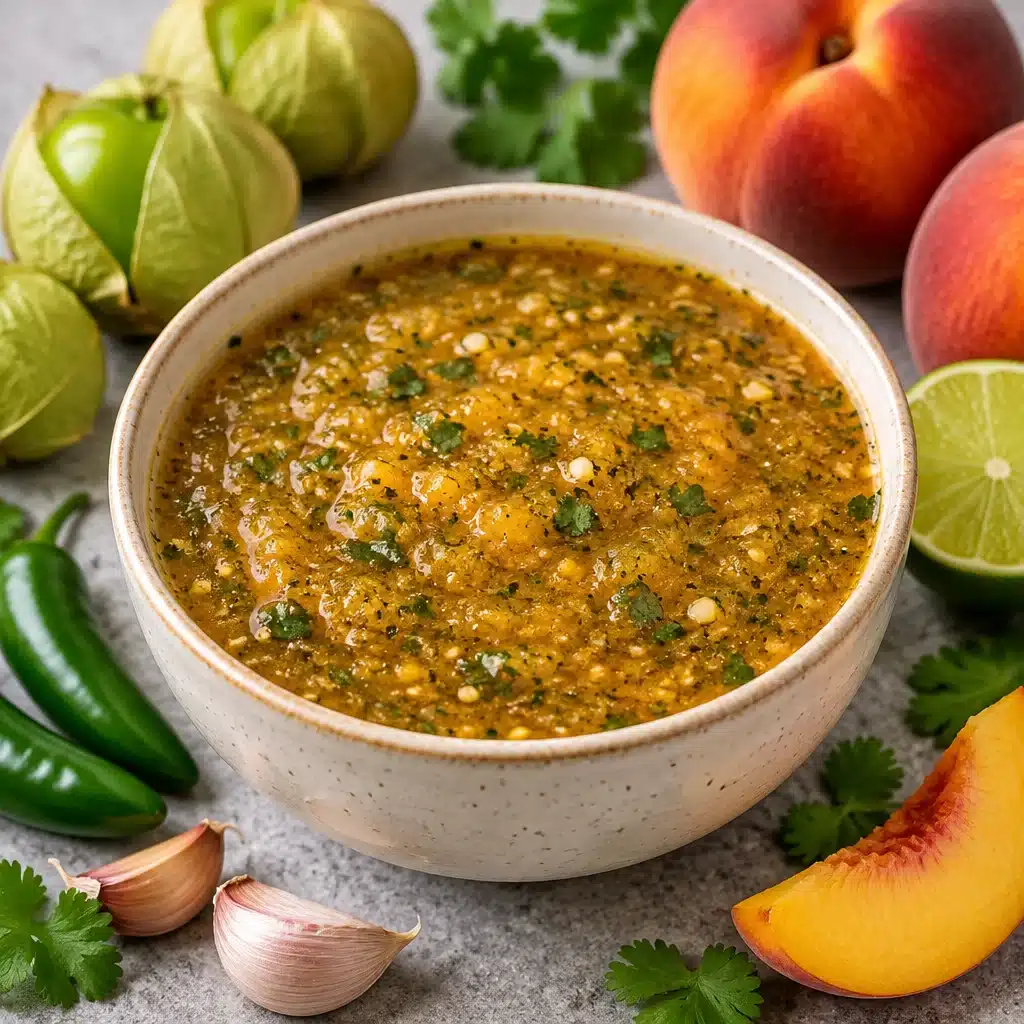 Fresh Peach Tomatillo Salsa served in a bowl with tortilla chips