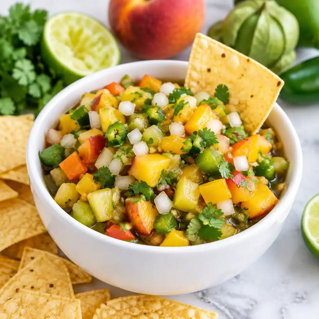 Fresh Roasted Peach & Tomatillo Salsa with vibrant flavors, perfect as a dip or relish.