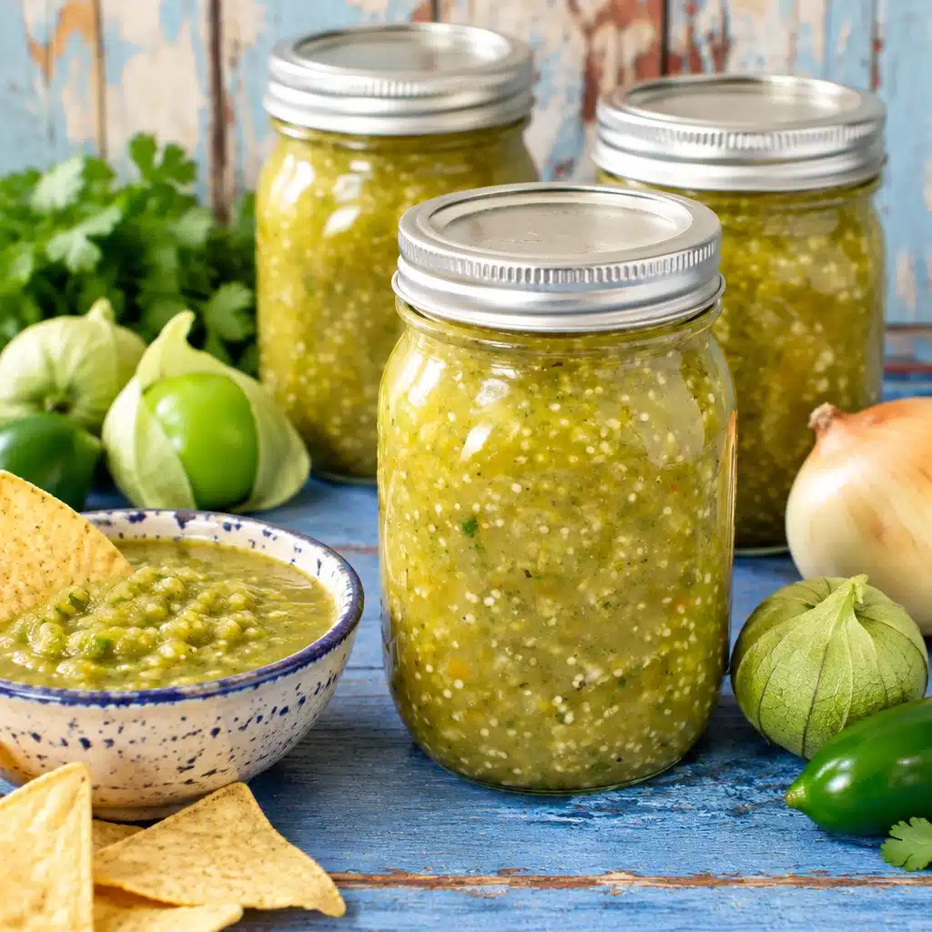 Homemade Roasted Tomatillo Salsa Verde in jars ready for canning.