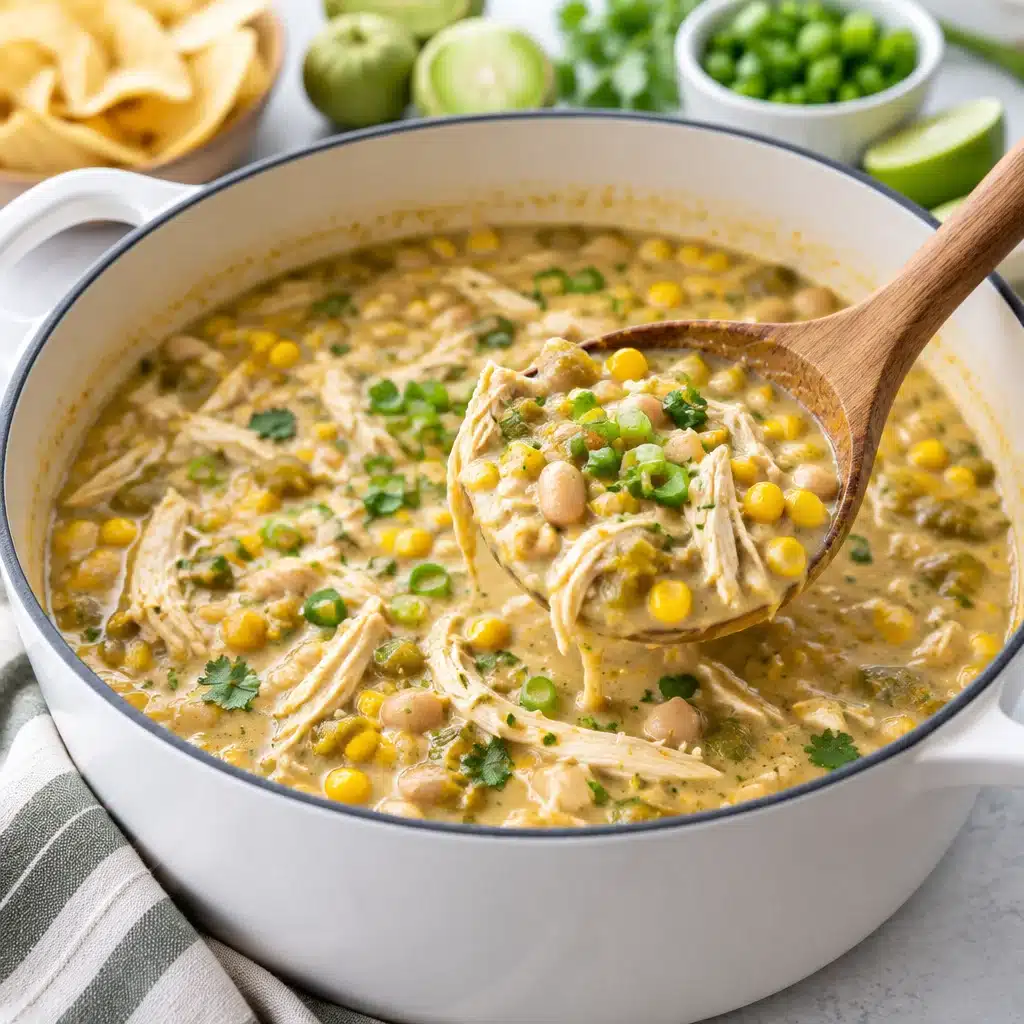 Bowl of Roasted Tomatillo White Chicken Chili with beans and cilantro.