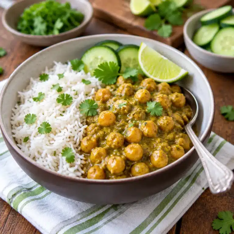 Delicious Roasted Tomatillos Chickpea Curry served in a bowl with cilantro garnish.