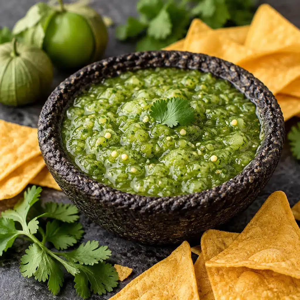 Delicious Smoked Tomatillo Salsa Verde served with tacos and chips.