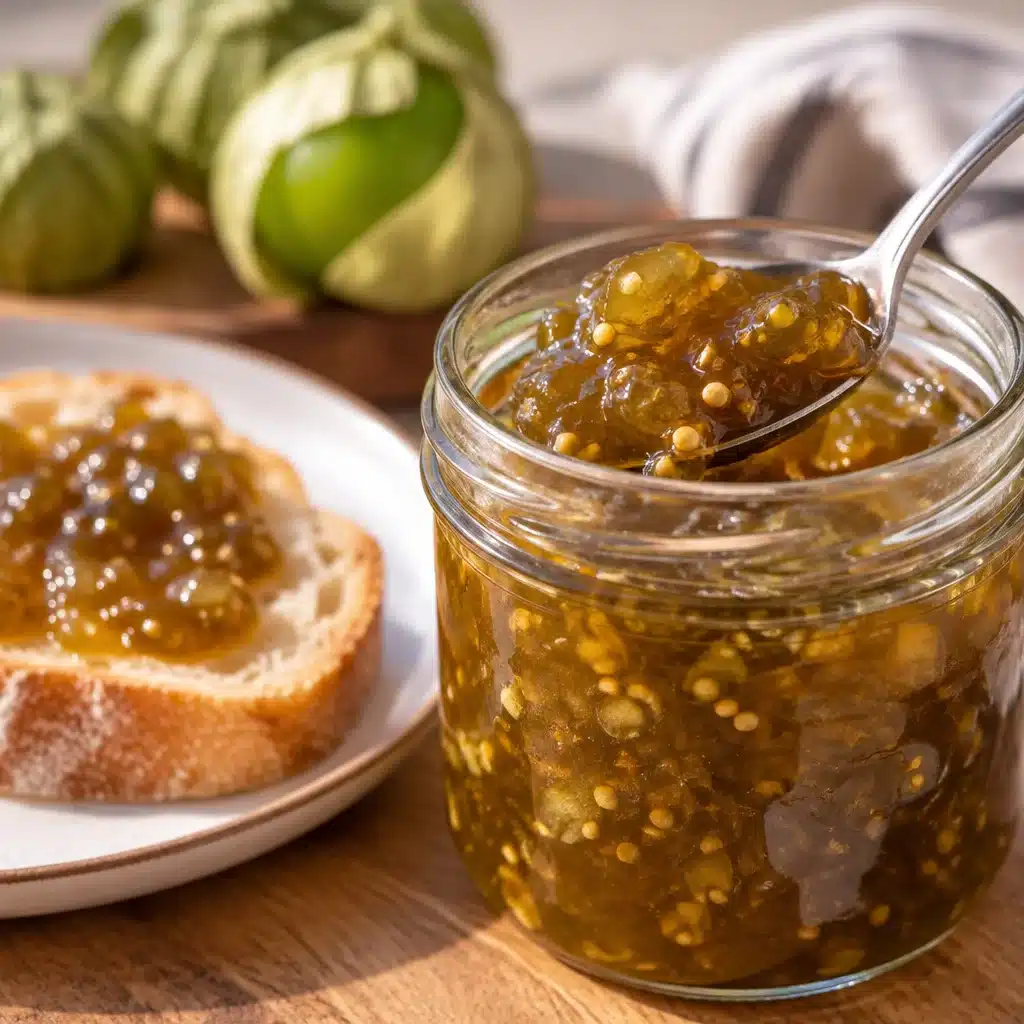 Jar of Sweet & Spicy Tomatillo Jam beside fresh tomatillos and toast.