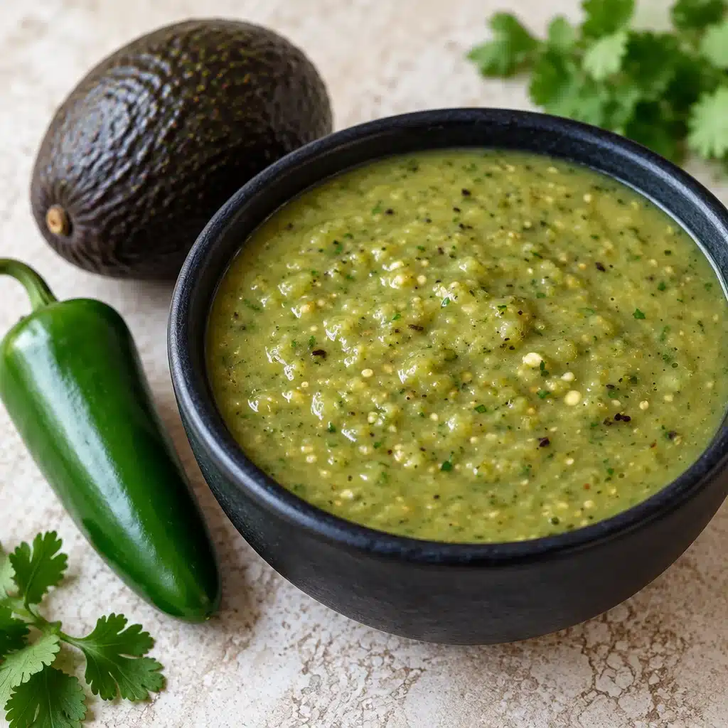 Delicious Zesty Tomatillo Avocado Salsa in a bowl with tortilla chips.